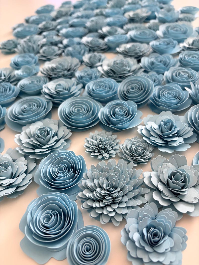 110 Pieces Light Blue Rolled Paper Flowers in Assorted Green Shades ...