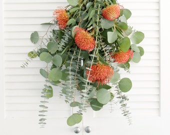 Fresh Extraordinary Bouquet | babyblue & silver dollar eucalyptus, orange pincushion protea | Flowers for her, Mother’s Day Gift, Home Décor