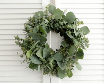 Fresh Handmade Farmhouse Wreath – 16 inch - Baby Blue & Silver Dollar Eucalyptus Greenery Wreath | Home Décor | Housewarming Gift | Wedding