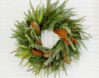 Fresh Handmade 16"Greenery Wreath  - Grevillea | Wooly Bush | Magnolia - Front Door – Home Décor - House Warming - Holiday Décor