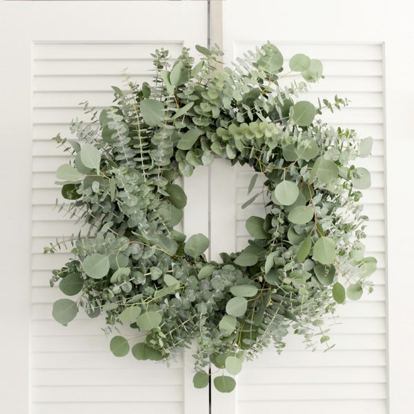 Fresh Handmade Farmhouse Wreath – Baby Blue & Silver Dollar Eucalyptus Greenery Wreath for Home Décor - Housewarming - Wedding