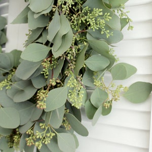May include: A close-up of a eucalyptus wreath with green leaves and small green buds. The wreath is hanging on a white wooden surface.
