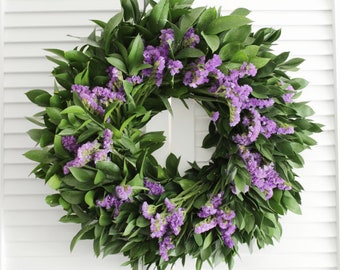 Fresh Handmade Wreath – 20” Purple Haze Wreath – Israeli Ruscus & Statice Flower - for Front Door - Holidays Home Décor – Housewarming Gift