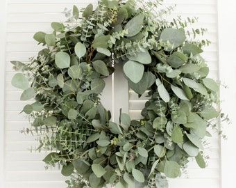 Fresh Handmade Farmhouse Wreath – 24 inch - Baby Blue & Silver Dollar Eucalyptus Greenery Wreath | Home Décor | Housewarming Gift | Wedding