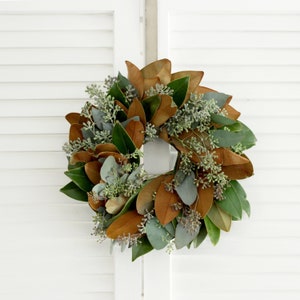 Fresh Handmade Wreath - Magnolia + Seeded Eucalyptus Wreath 12"- Front Door Decor - Holiday Decor - Thanksgiving - Christmas - Fall Wedding