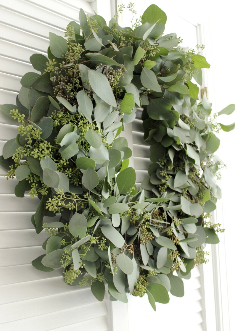 May include: A green eucalyptus wreath with small green buds, hanging on a white wooden door.