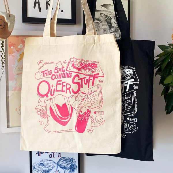 Queer Stuff Tote Bag - AmyStarship Tote Bag, Illustrated Artwork Natural Tote Bag