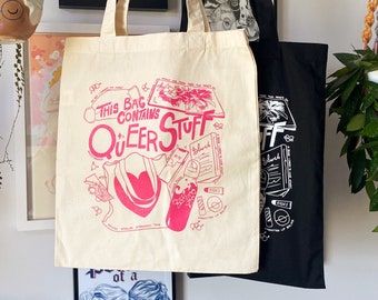 Queer Stuff Tote Bag - AmyStarship Tote Bag, Illustrated Artwork Natural Tote Bag
