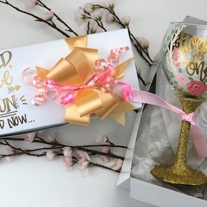 Hand Painted Wine Glass Gift Box Set - 21 Gold and Coral Floral Glitter Personalized Boho Antler Arrows Wild Free Fun and now twenty one