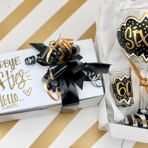 Hand Painted Wine Glass Shot Glass Gift Box Set - 60 Gold and black stripe Personalized Custom Name 60th Birthday Gift Set Goodbye fifties