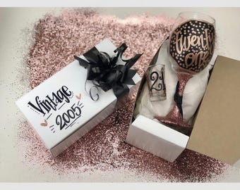 Hand Painted Wine Glass Shot Gift Box Set - 21 Rose Gold Black Confetti Glitter Personalized Vintage 2000 twenty one
