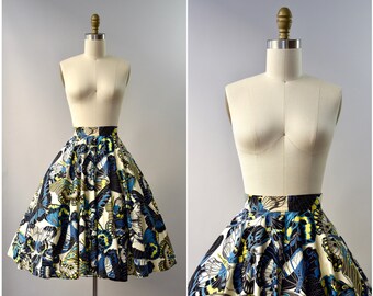 1950's novelty butterfly print full cotton skirt • xxs