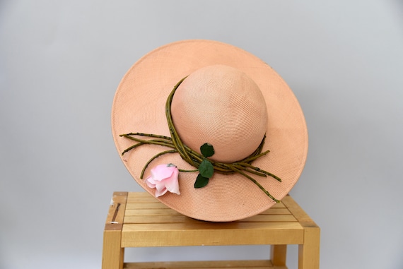 1950's blush pink straw hat with matching rose