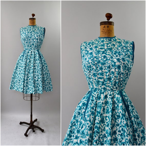 1950's blue floral cotton sun dress • small