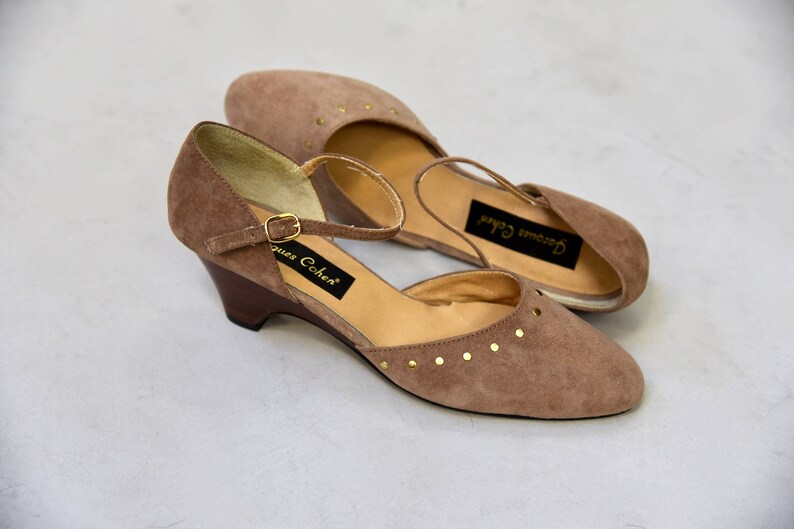 1970's taupe suede maryjane wedge shoes with ankle straps Etsy