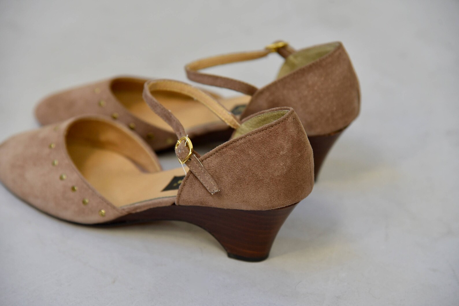 1970's taupe suede maryjane wedge shoes with ankle straps Etsy