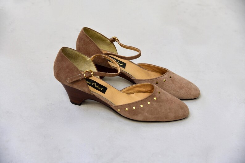 1970's taupe suede maryjane wedge shoes with ankle straps Etsy