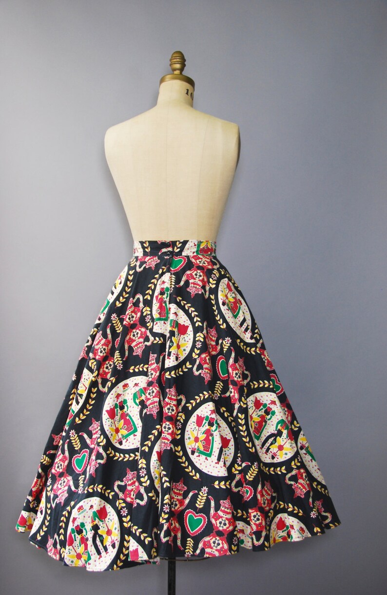 1950's Black Cotton Novelty Print Skirt small Etsy