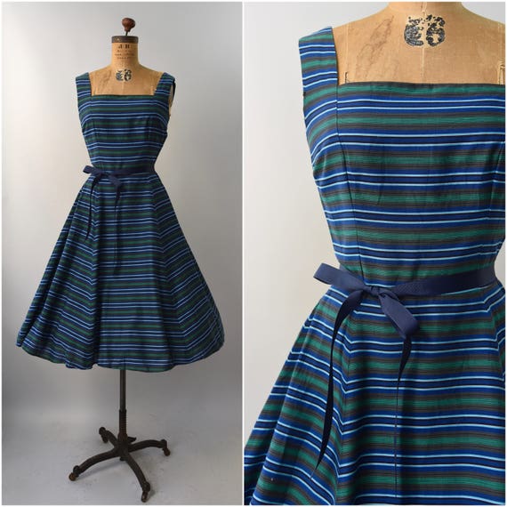 1950's blue and green striped cotton sun dress • s