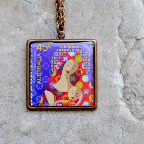 Authentic Canceled Australian Madonna and Child Postage Stamp Necklace in a Vintaj Natural Brass Bezel and Jeweler's Grade Resin