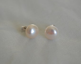 Large White Freshwater Pearl Stud Earrings with Sterling Silver Ear Posts and Butterfly Backs