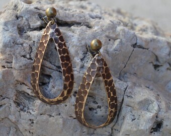 Natural Brass Teardrop Hammered Dangle Earrings