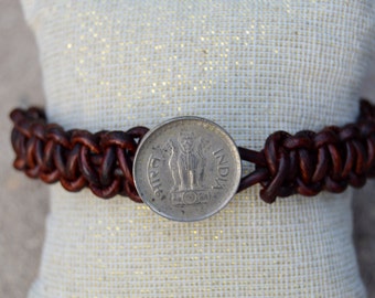 Unisex Leather Macrame Bracelet with Authentic Vintage Indian 25 Paise Coin