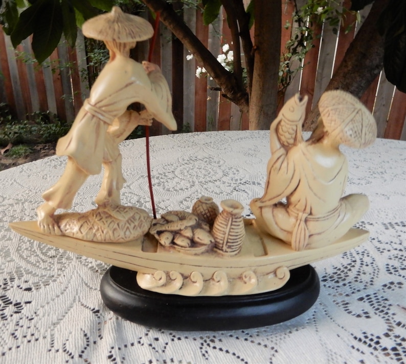 Resin Figurine Chinese Fishermen on a Boat
