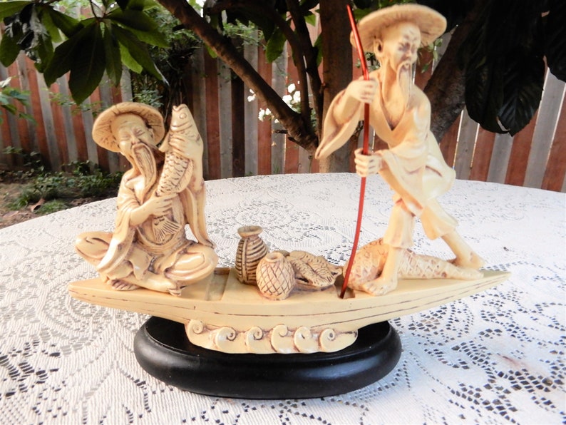Resin Figurine Chinese Fishermen on a Boat