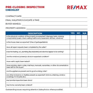 REMAX Pre-Closing Checklist
