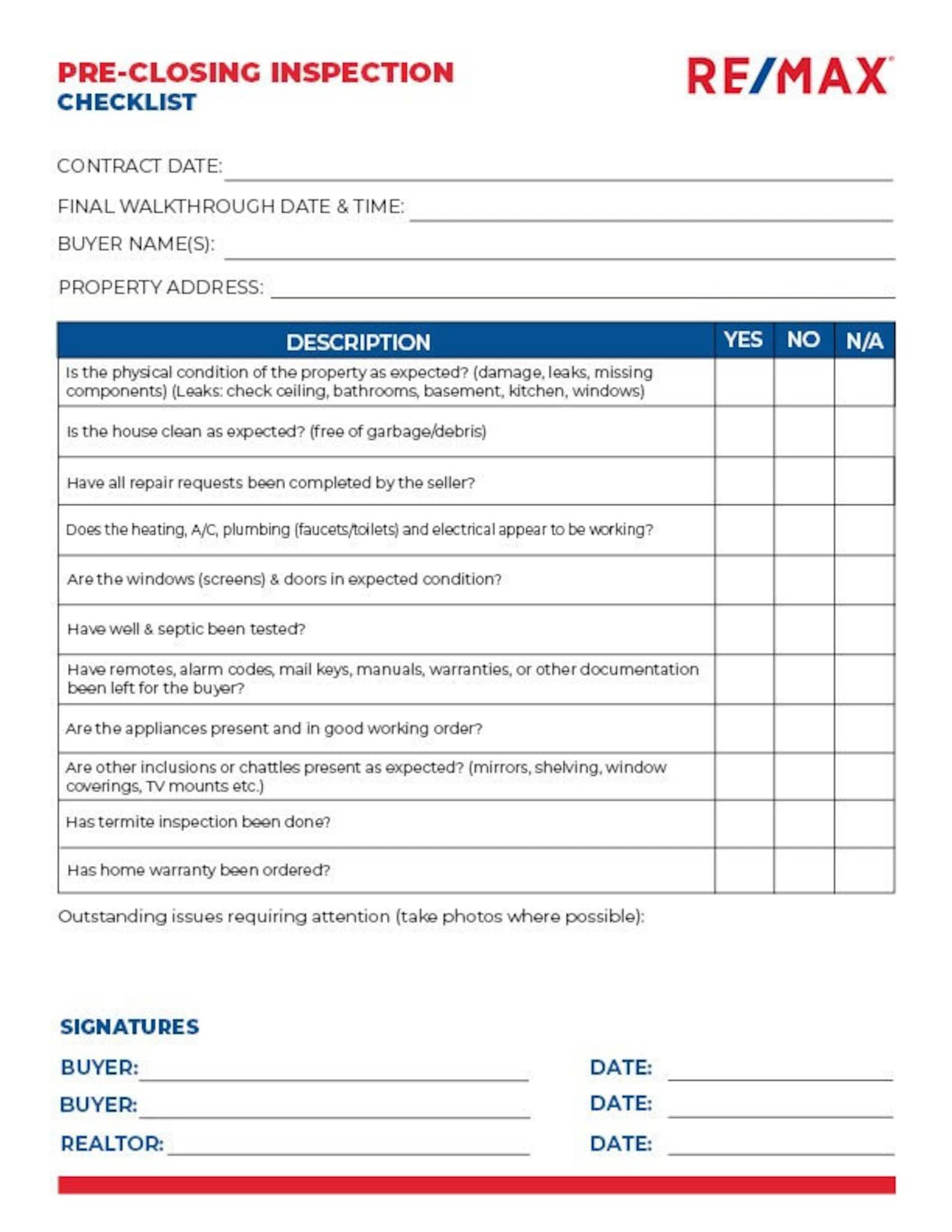 REMAX Preclosing Checklist Etsy