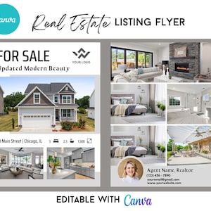 May include: A real estate listing flyer for a modern home with a gray exterior and white trim. The flyer includes photos of the home's interior and exterior, as well as information about the property, such as the address, number of bedrooms and bathrooms, and square footage. The flyer also includes contact information for the real estate agent.