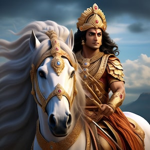 May include: A regal figure rides a white horse, both adorned with ornate gold and jewel-toned embellishments. The rider wears a crown and armor, set against a backdrop of a cloudy sky and distant mountains. The image evokes a sense of royalty and fantasy.
