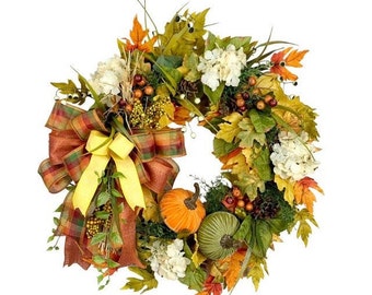 Leaf and Berry Wreath with Flowers, Artificial Fall Wreath for Front Door, Fall Pumpkin Wreath, Fall Hydrangea Wreaths, Farmhouse Porch