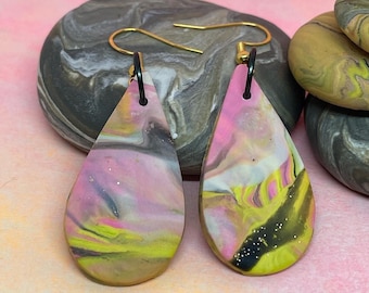 Pyschedelic Small Yellow Pink Black Teardrop Marbled Polymer Clay Earrings