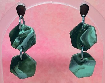 Dark Green Ocean Small Double Hexagon Marbled Polymer Clay Earrings