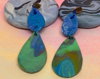 Textured Ocean Blue Earth Tones Double Teardrop Marbled Polymer Clay Earrings