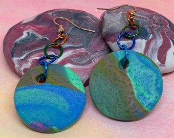 Textured Earth Water Circle Marbled Polymer Clay Earrings