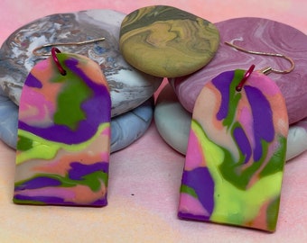 Psychedelic 1960s 1970s Inspired Neon Pink Yellow Green Purple Marbled Polymer Clay Earrings