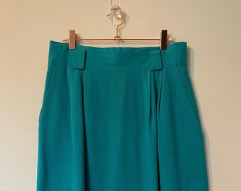 Vintage 1980s 1990s BRIGGS New York Turquoise Teal Blue Pleated A-Line Midi Business Casual Skirt with Pockets