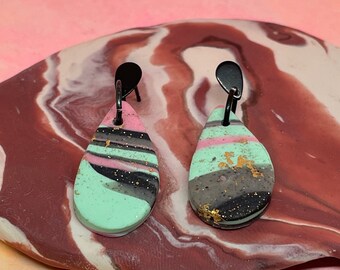 Retro 1980s Miami Beach Small Teardrop Marbled Polymer Clay Earrings