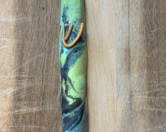 Mezuzah Case 4.5" Abstract Marbled Mint Key Lime Black Sparkly Handmade Polymer Clay • Scroll Not Included