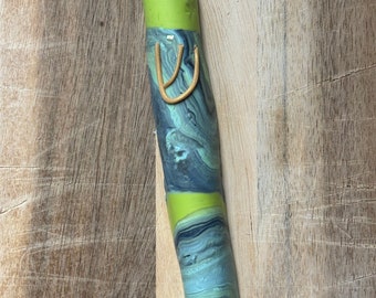 Mezuzah Case 4.5" Abstract Marbled Mint Lime Grey Ocean Sparkly Handmade Polymer Clay • Scroll Not Included