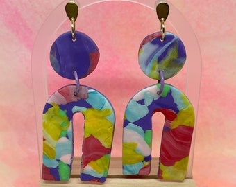 Wild 1980s Rainbow Purple Circle & Horseshoe Marbled Polymer Clay Earrings