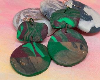 Faux Wood & Maroon, Green, Gold Flake Circle Marbled Polymer Clay Earrings