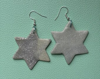 Jewish Magen Star Shield David Marbled Sparkly Silver Glow In The Dark Polymer Clay Earrings