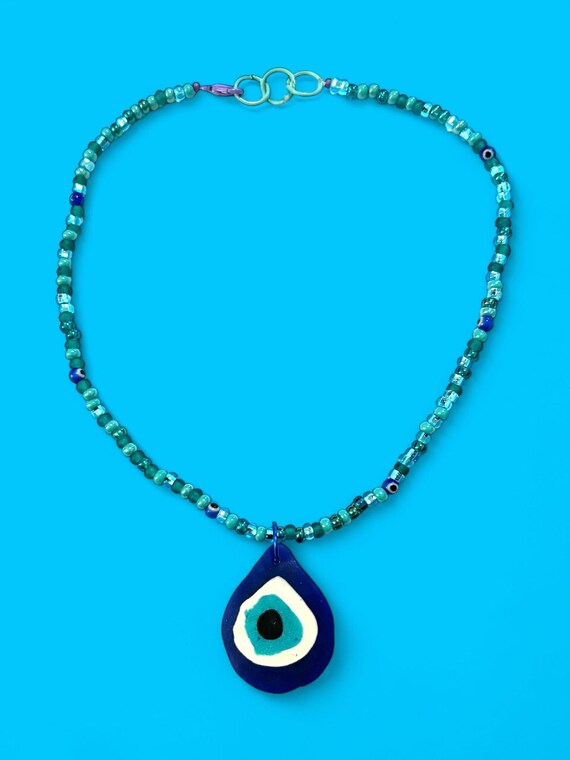 Tear Drop Evil Eye Kinehora Turquoise Beaded Choker Necklace