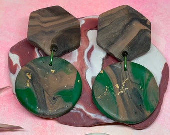 Faux Wood Hexagon, Green & Gold Flake Circle Marbled Polymer Clay Earrings