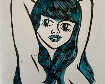 Mermaid Hair Pin-Up Model • Powder Blue Paper * Original Illustration Linocut *