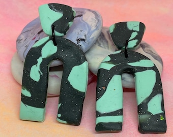 Mint Green Black Cow Print Horseshoe Marbled Polymer Clay Earrings